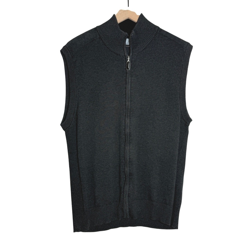 Oscar De La Renta Mens Cotton Sweater Vest L Gray Full Zip Mock Neck Ribbed Trim